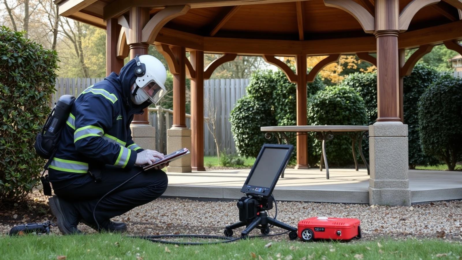 Technicien GIC en détection de fuite sur réseau enterré dans le jardin d'un pavillon à Savigny-sur-Orge