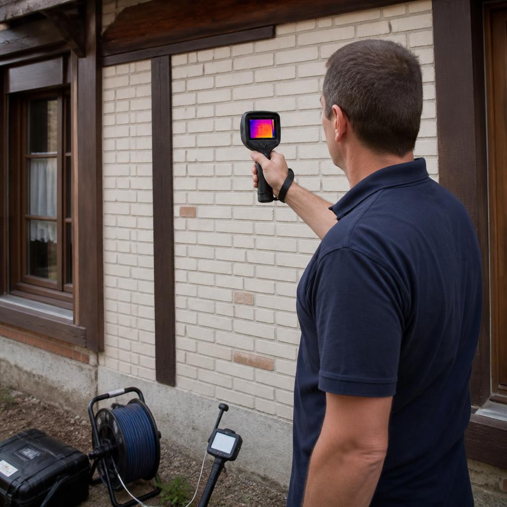 Technicien GIC Détect Fuite inspectant à la caméra thermique la façade d'une maison en Seine-et-Marne