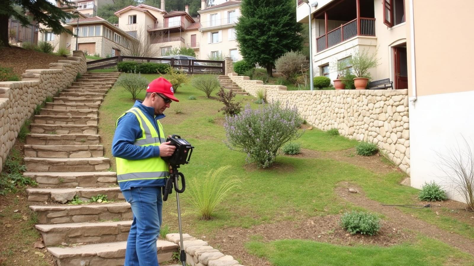 Technicien GIC recherchant une fuite sur un terrain en pente à Thorigny-sur-Marne