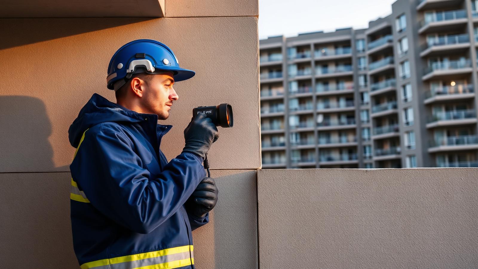Technicien GIC contrôlant la façade d'une résidence de Torcy à la caméra thermique