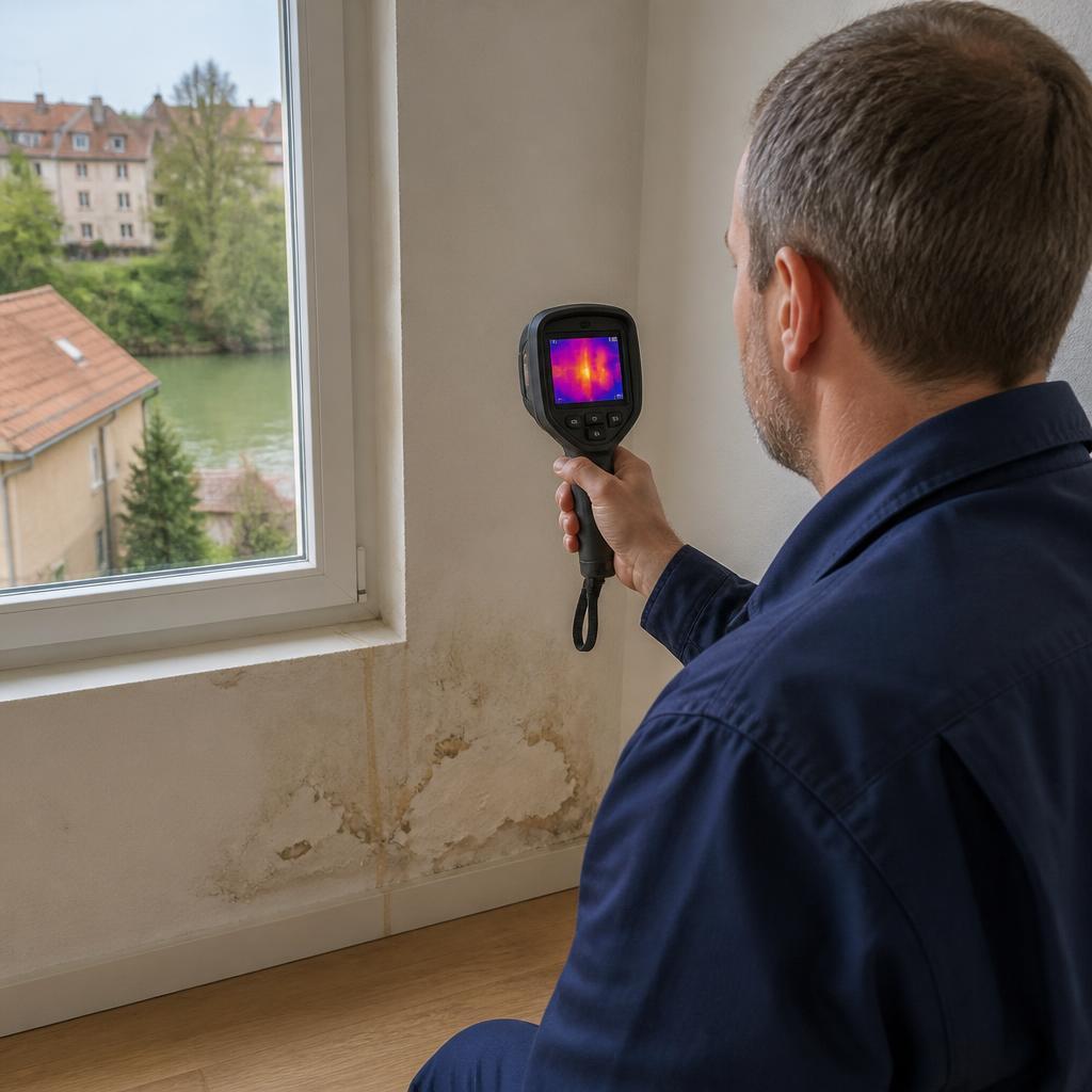Technicien GIC Détect Fuite utilisant une caméra thermique FLIR sur un mur humide dans un pavillon du Val-de-Marne