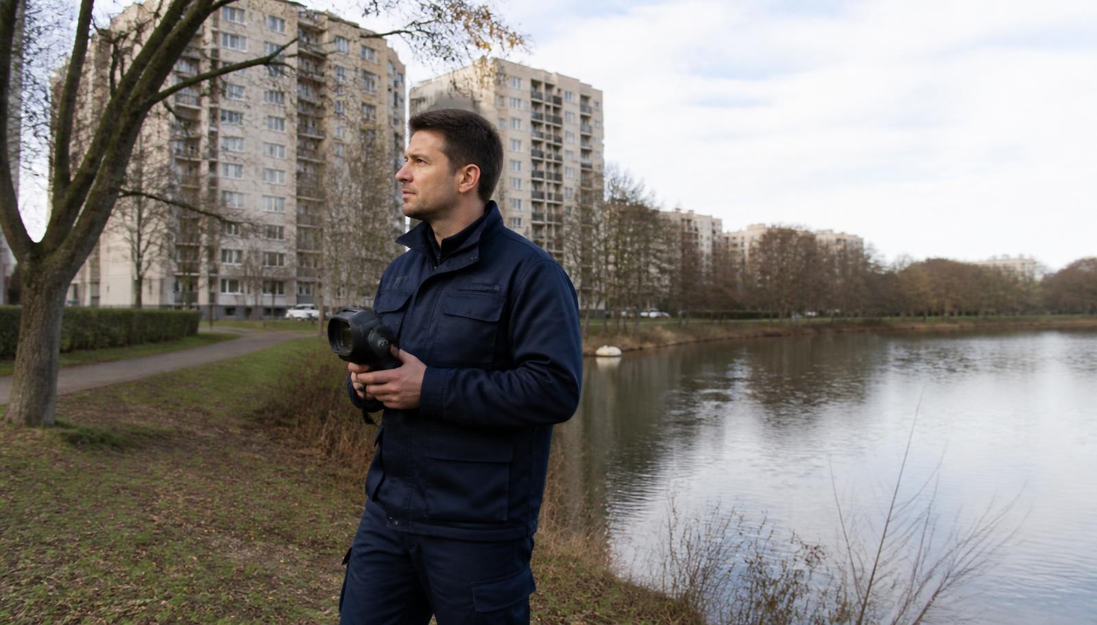 Technicien GIC avec caméra thermique devant des immeubles résidentiels au bord du lac à Viry-Châtillon
