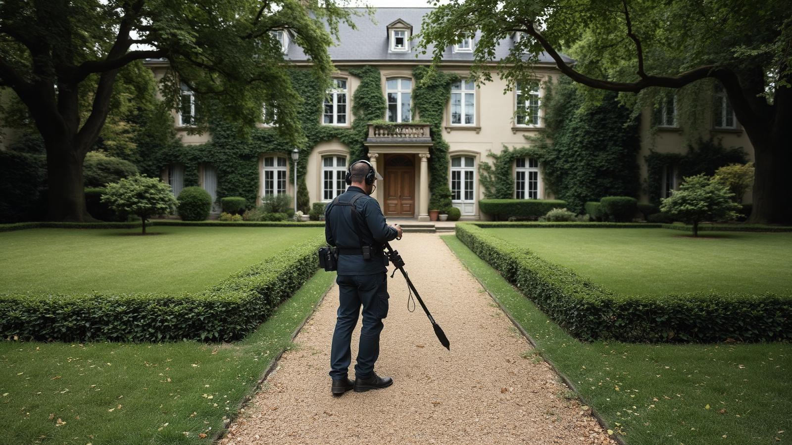 Technicien GIC en recherche de fuite dans l'allée d'une maison ancienne avec jardin à Yerres