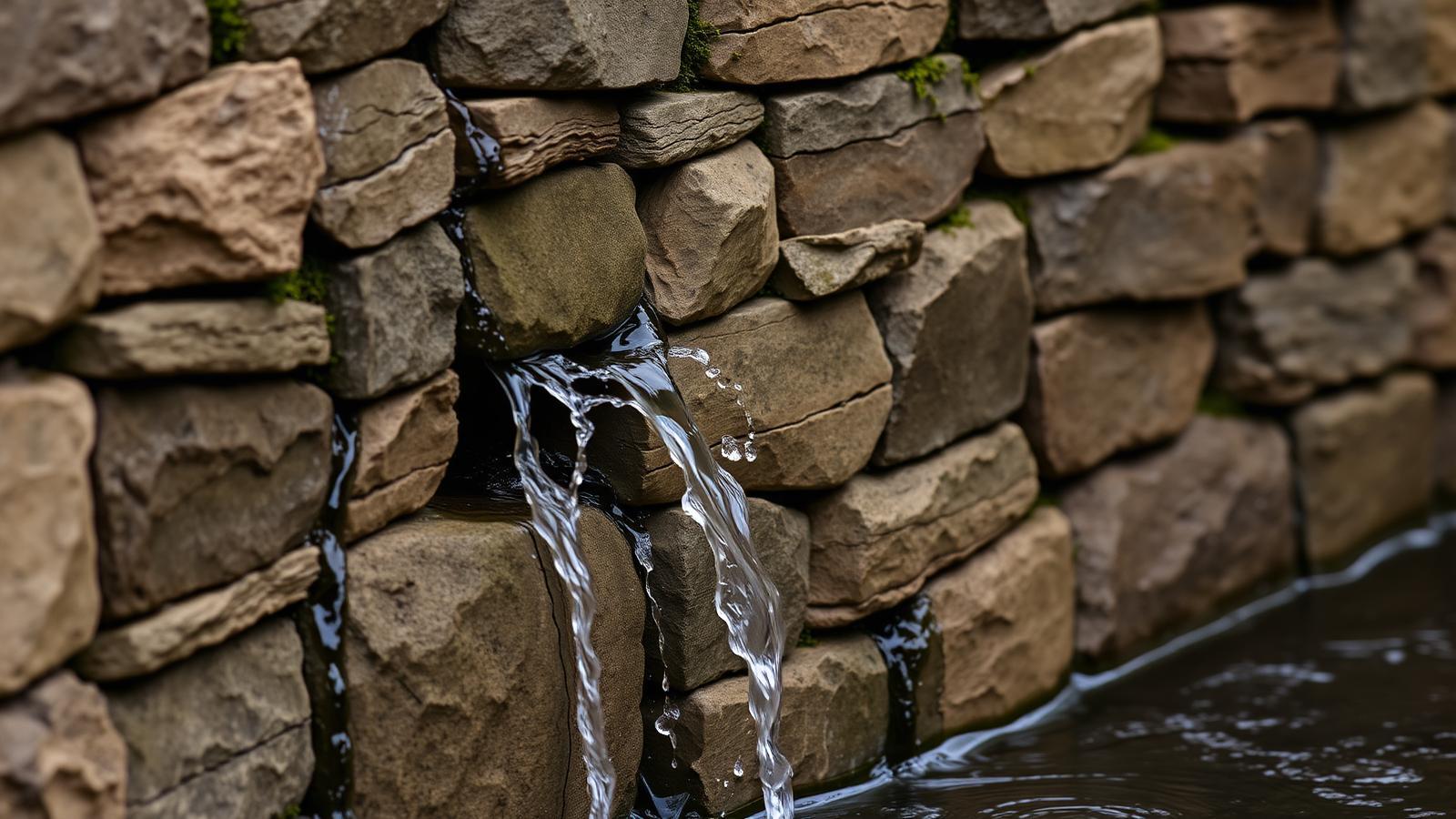 Suintement d'eau entre les pierres d'un mur de terrasse de jardin à Andrésy