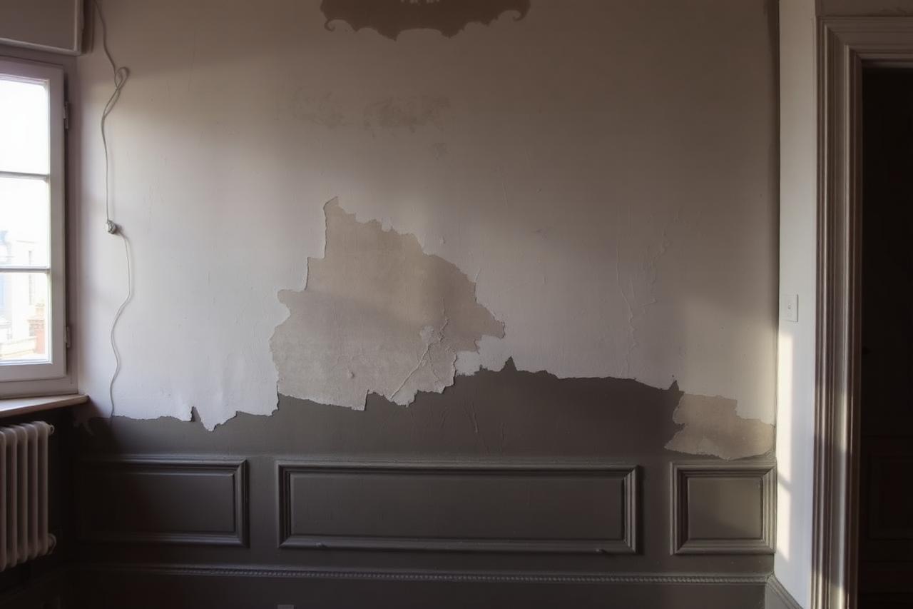 Peinture cloquée et humidité en pied de mur dans un appartement ancien d'Asnières-sur-Seine