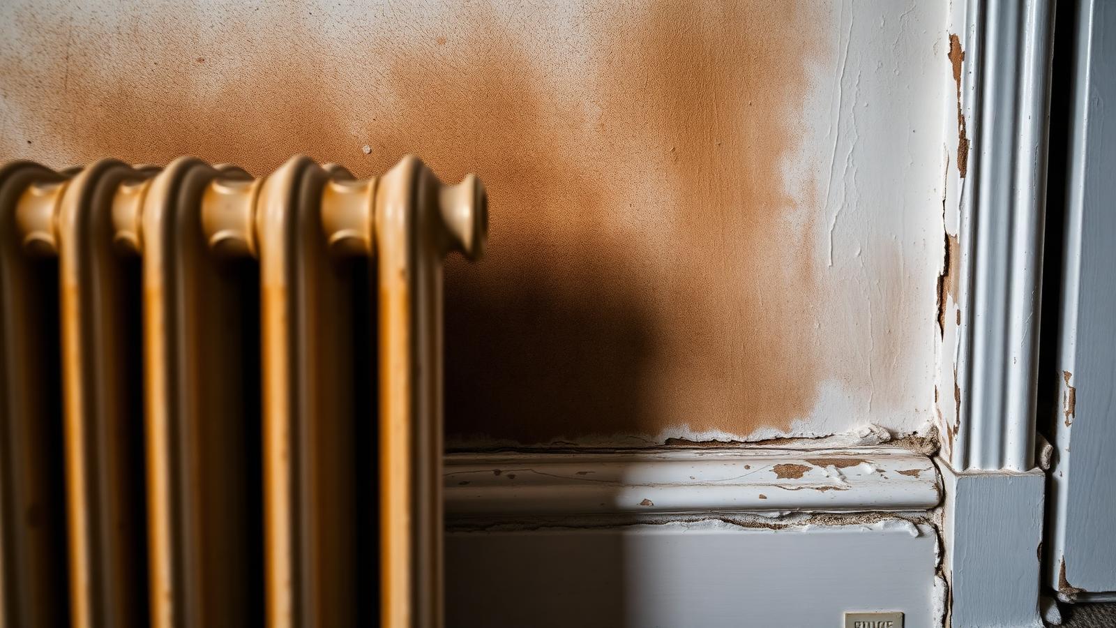 Mur intérieur taché derrière un radiateur dans une maison ancienne d'Aubergenville