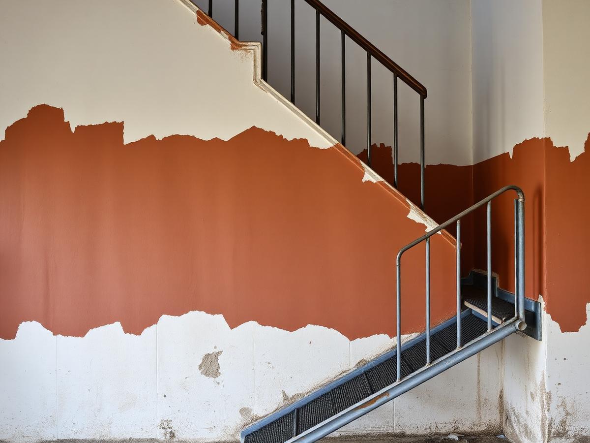 Auréole d'humidité et peinture écaillée dans une cage d'escalier à Avon