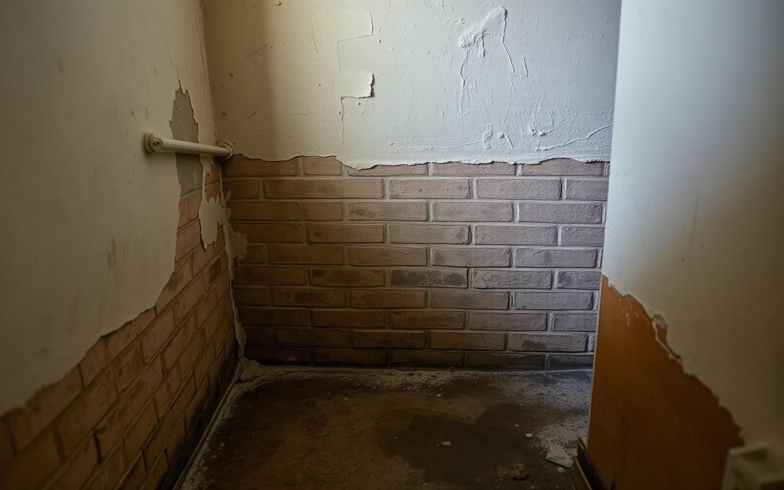 Bas de mur dégradé par l'humidité dans un immeuble ancien de Bagnolet