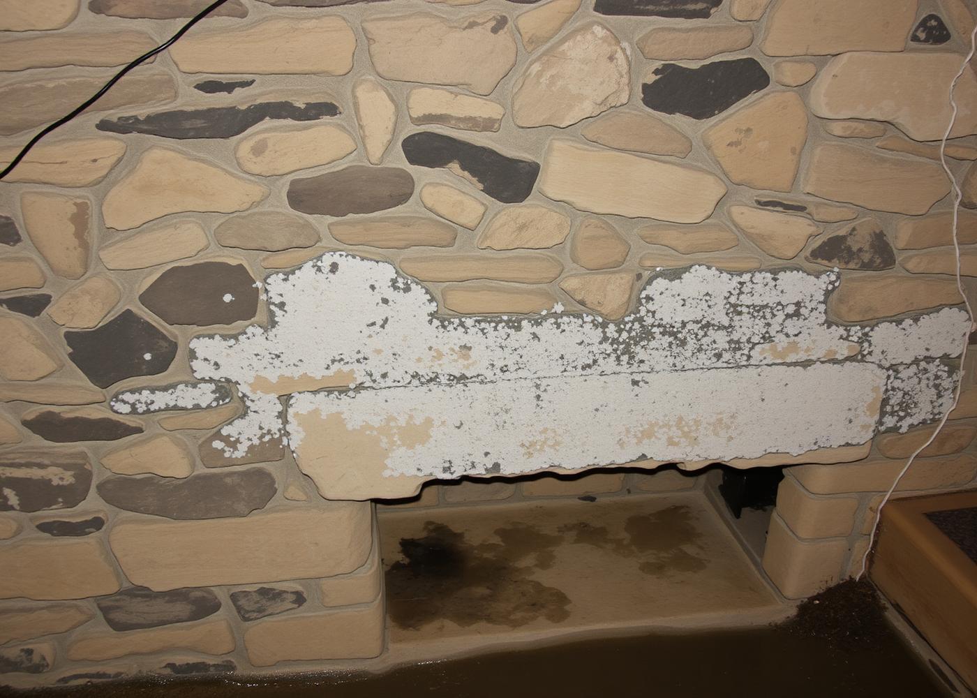 Mur de cave en pierre couvert de salpêtre dans une maison de coteau à Conflans-Sainte-Honorine