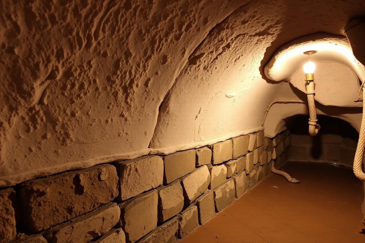 Mur de cave couvert de salpêtre dans un immeuble ancien de Corbeil-Essonnes