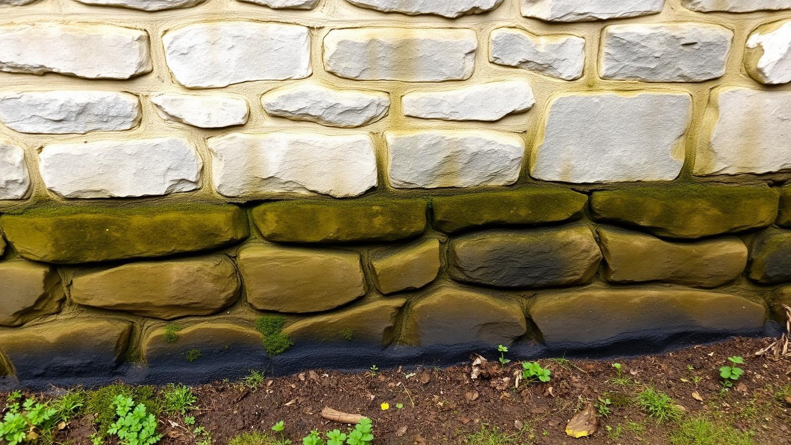 Soubassement en pierre humide avec mousse à la base d'une maison de Croissy-sur-Seine