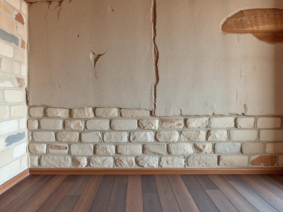 Mur en pierre ancienne dégradé par l'humidité dans une maison de Fontainebleau