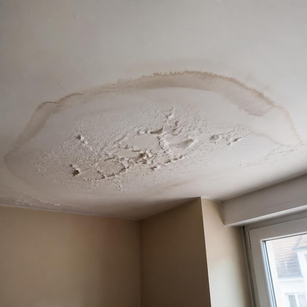Infiltration visible en pied de mur dans un logement collectif à Grigny