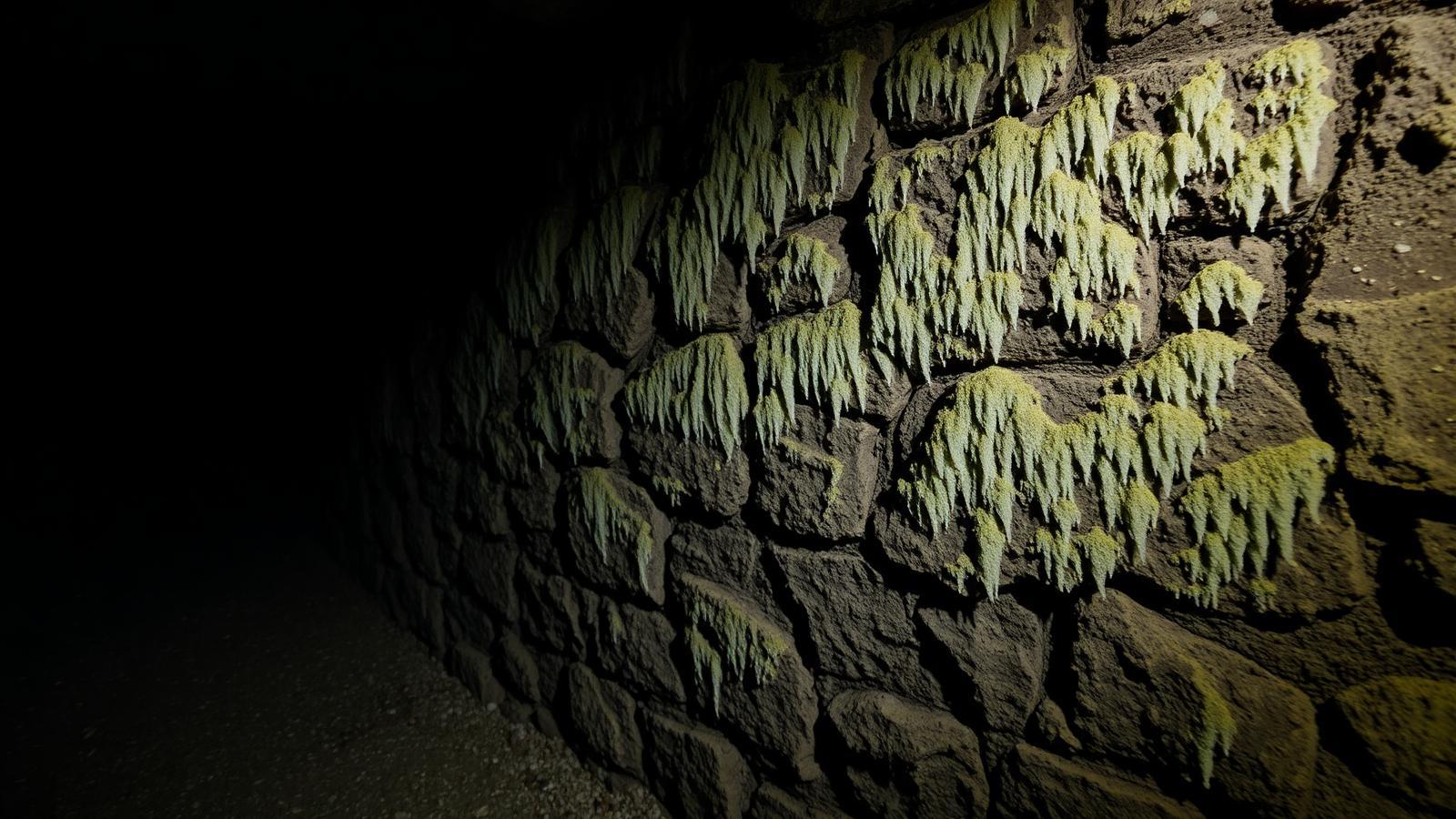 Salpêtre et humidité sur le mur en pierre d'une cave ancienne au Pecq