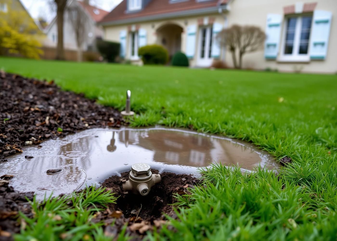 Zone détrempée sur une pelouse au-dessus d'un branchement d'eau enterré aux Mureaux