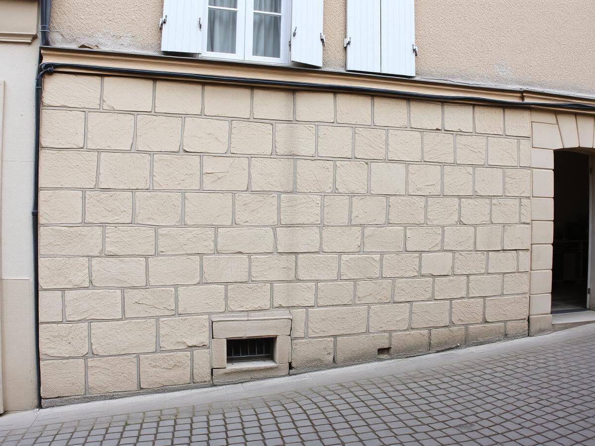 Soubassement en pierre calcaire foncé par l'humidité à Nemours