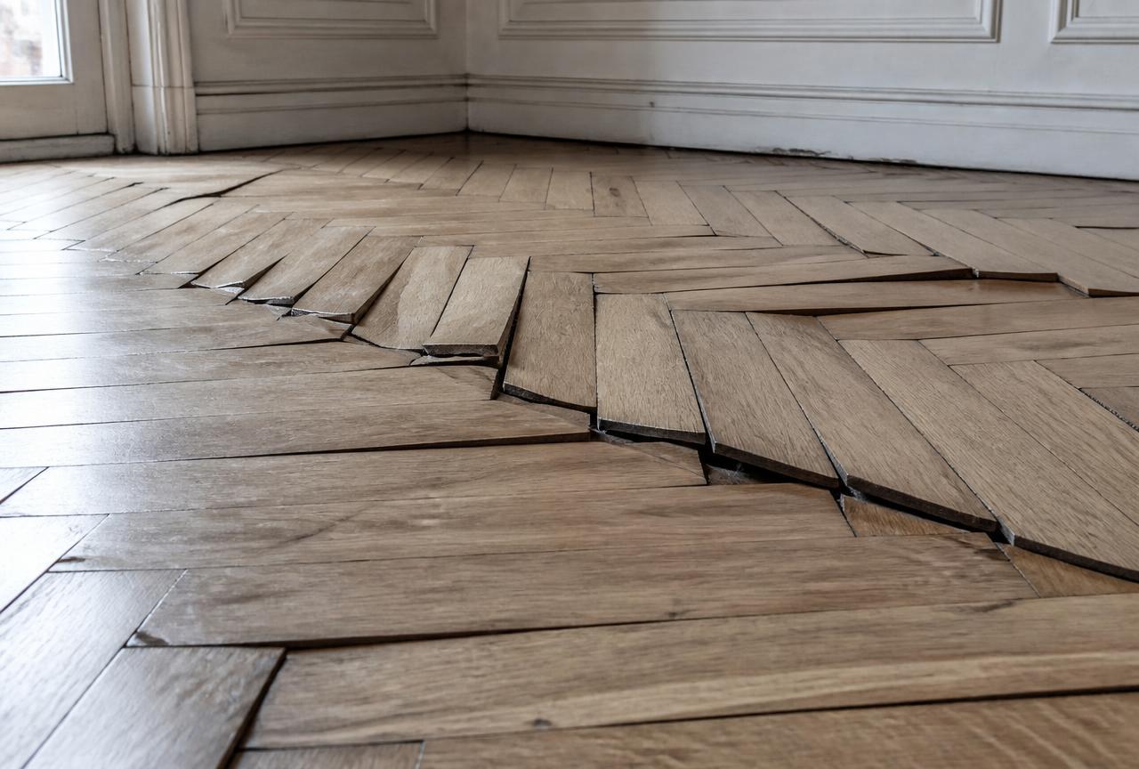 Parquet ancien gondolé par l'humidité dans un appartement de Neuilly-sur-Seine