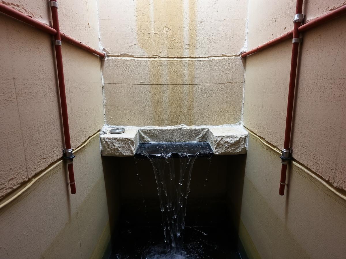 Canalisation en fonte corrodée dans un sous-sol d'immeuble à Noisiel