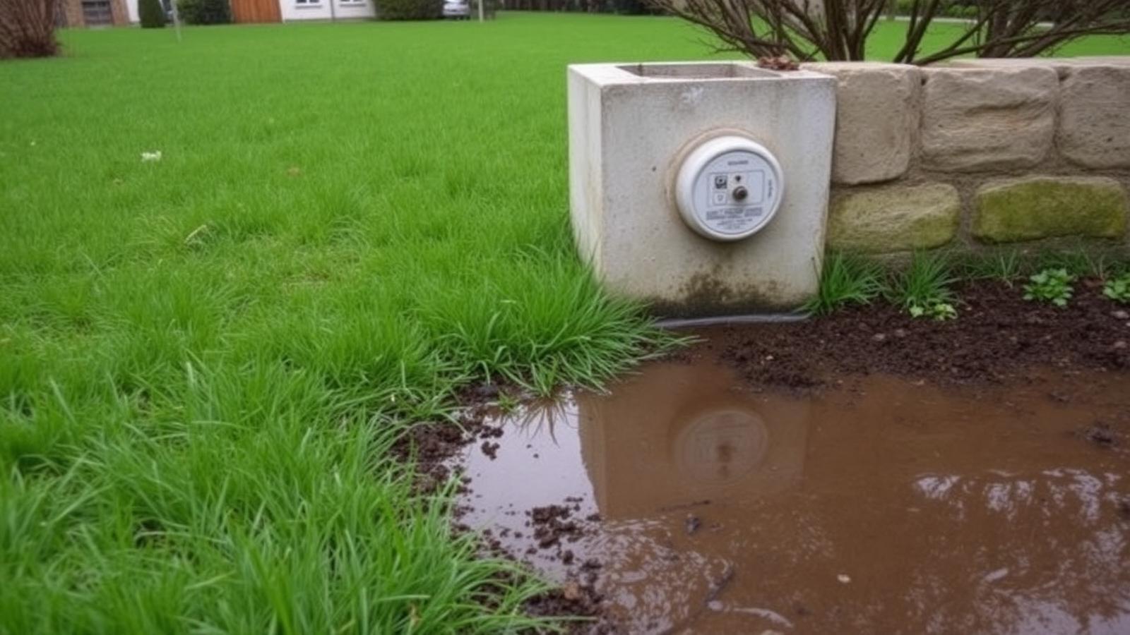 Pelouse gorgée d'eau près d'un regard de compteur dans un jardin de Sainte-Geneviève-des-Bois