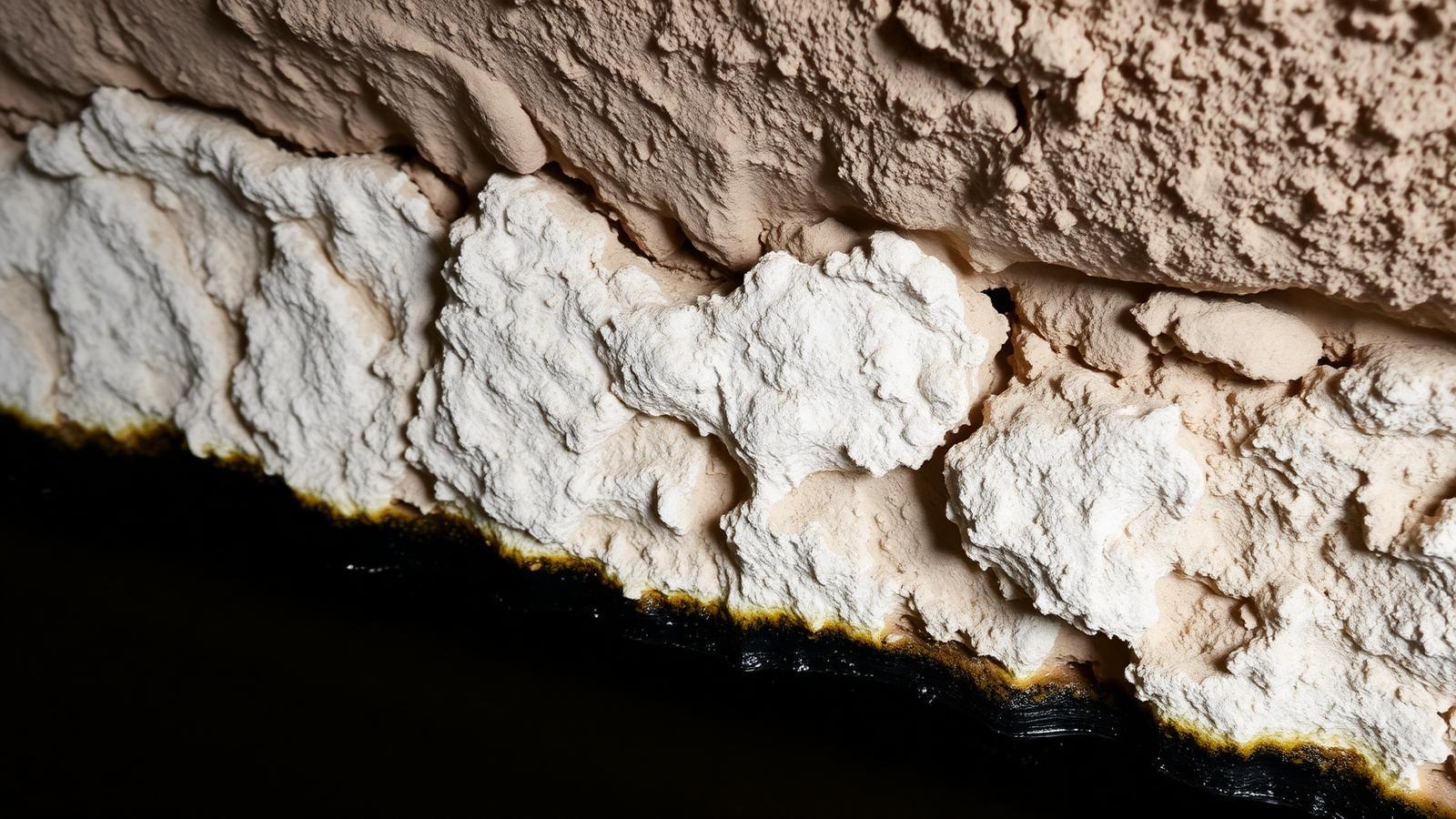 Mur de cave en pierre calcaire couvert de salpêtre à Triel-sur-Seine