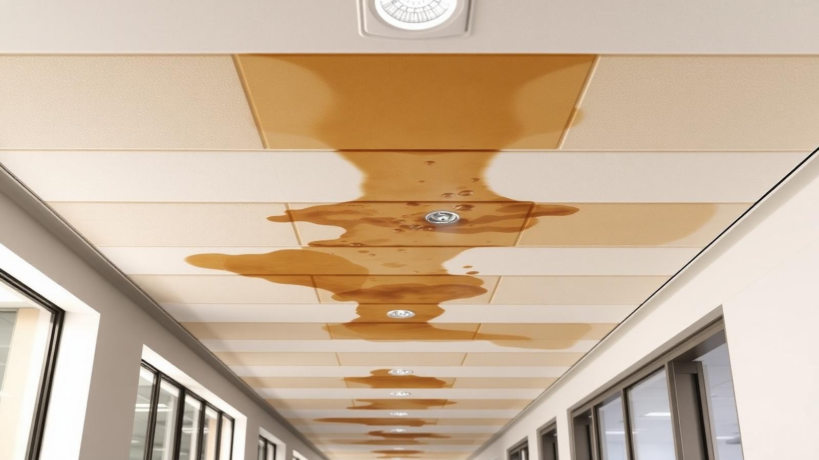 Auréole d'infiltration sur une dalle de faux plafond dans un immeuble de bureaux à Vélizy-Villacoublay