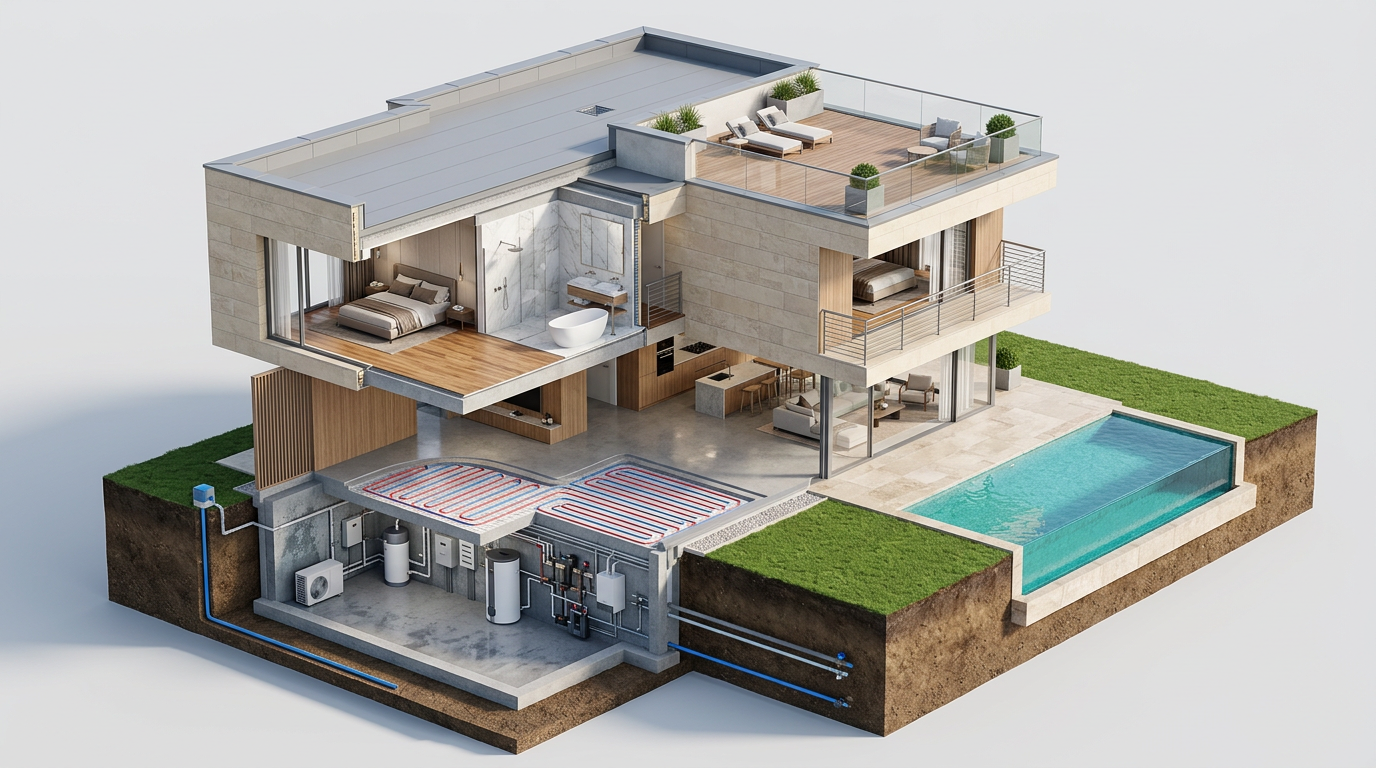 Villa moderne en coupe isométrique – zones d'intervention : toiture, terrasse, salle de bain, chauffage, cave, canalisations enterrées, piscine