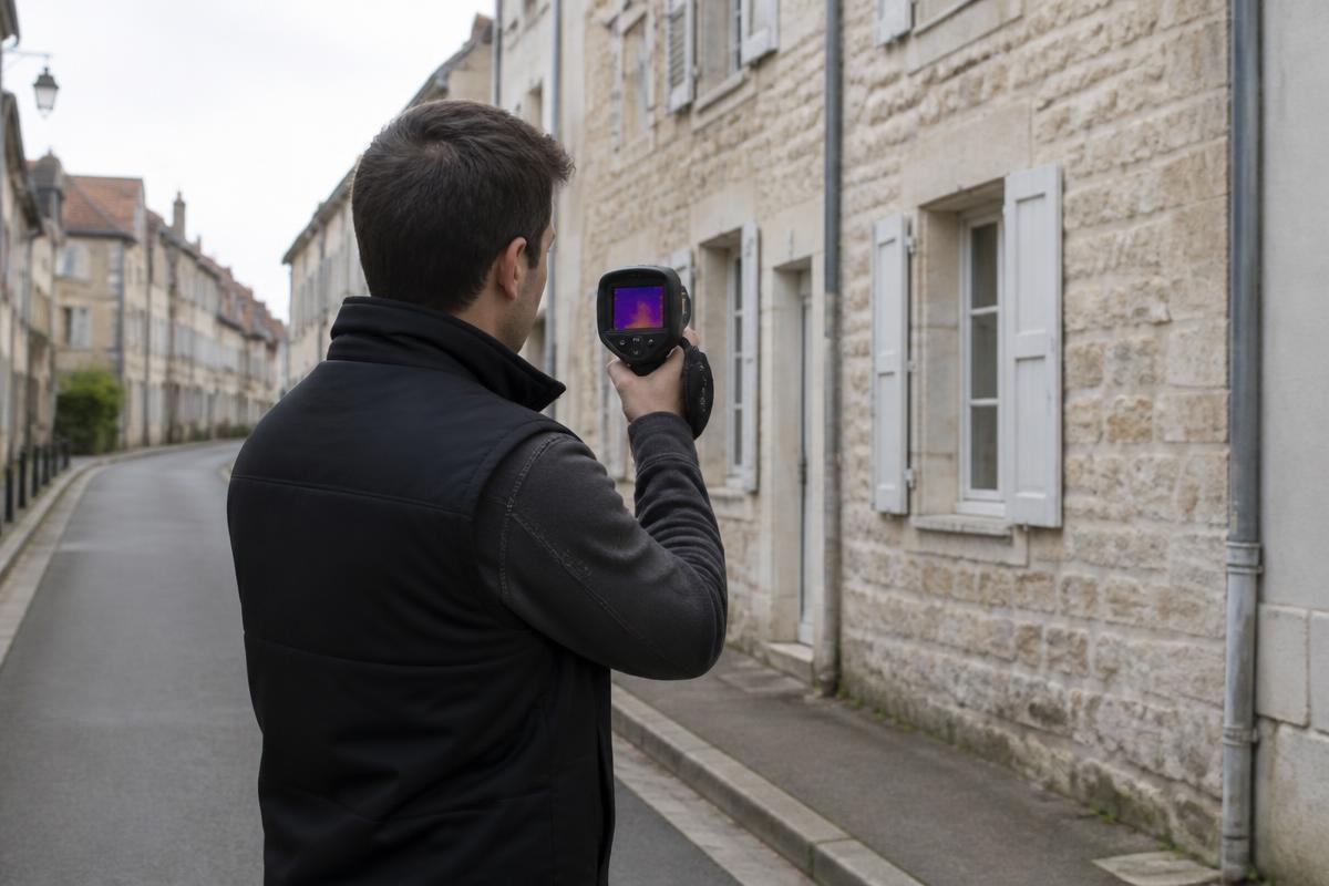 Technicien GIC effectuant un diagnostic thermique dans une rue du centre historique de Meaux